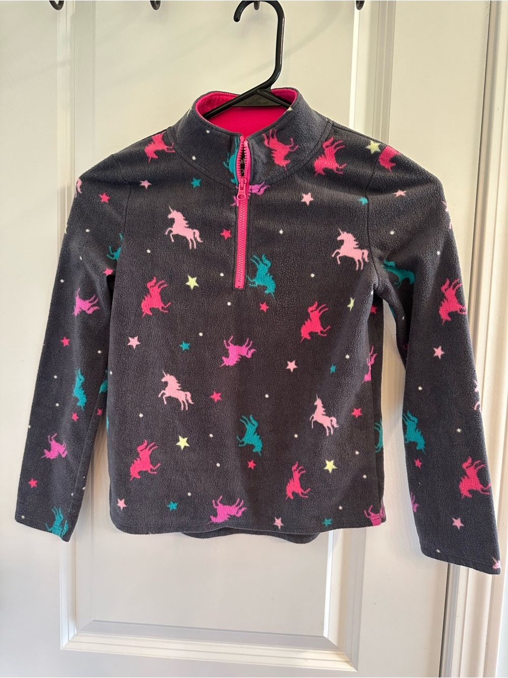 Girls' Dark Gray Unicorn Print Half-Zip Fleece Top - Pink Trim